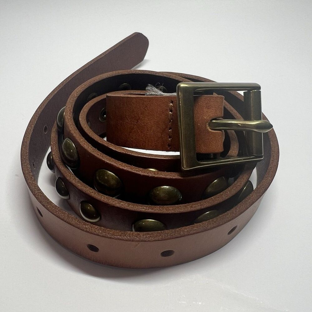 J.Crew Women's Brown Genuine Leather Studded Belt Brass Buckle Boho Size M